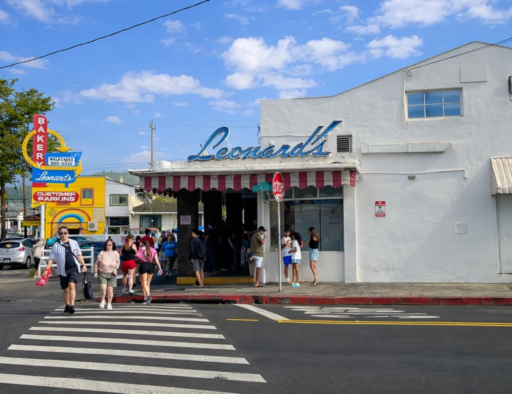 Tourists crossing the street in front of Leonard's bakery in Waikiki