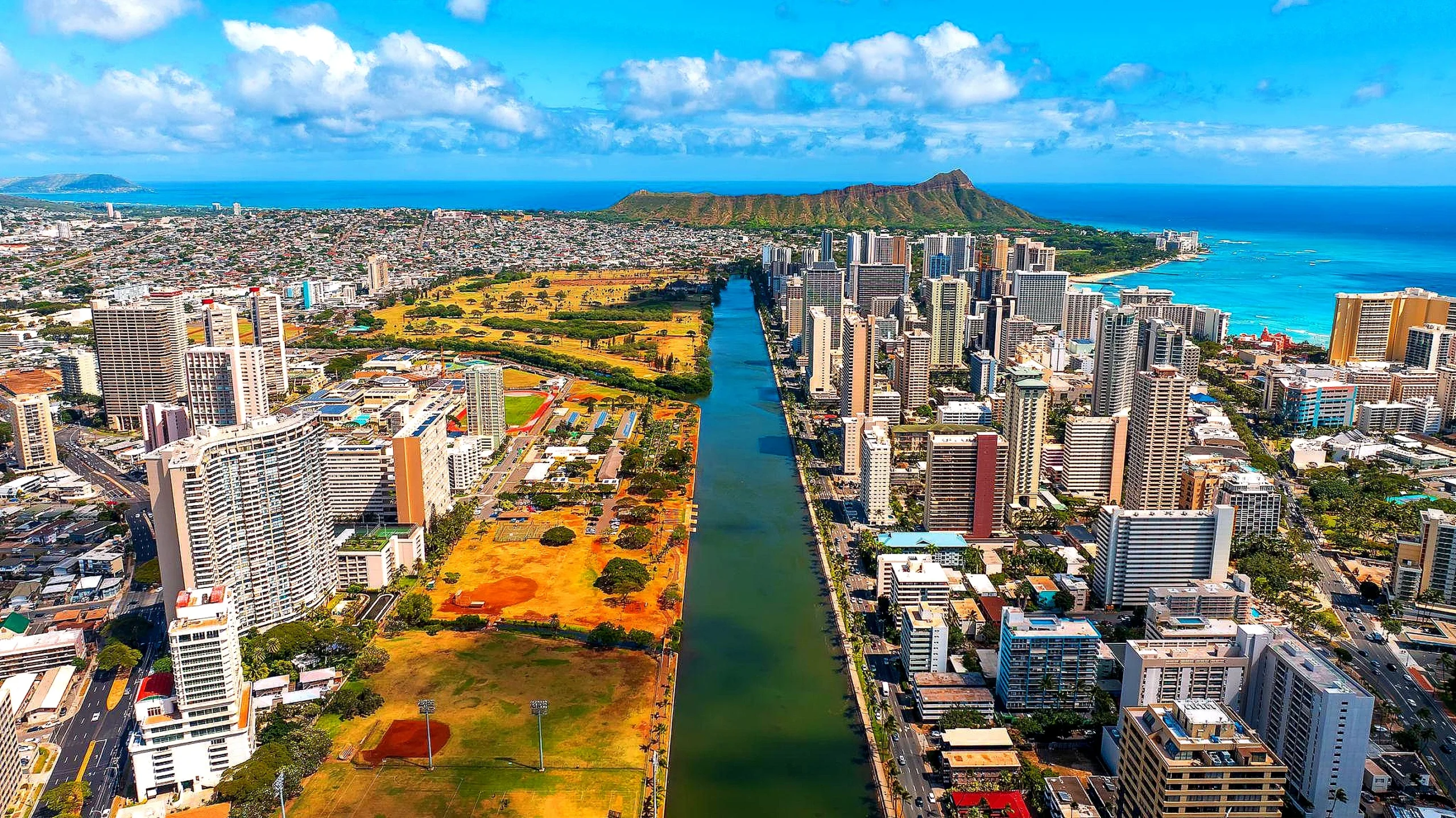 Ala Wai Canal from above with Waikiki and Diamond Head in the back