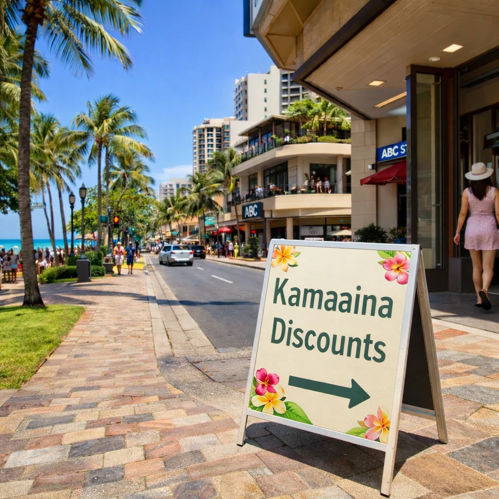 Waikiki street with a Kamaaina discounts sign pointing towards a shop