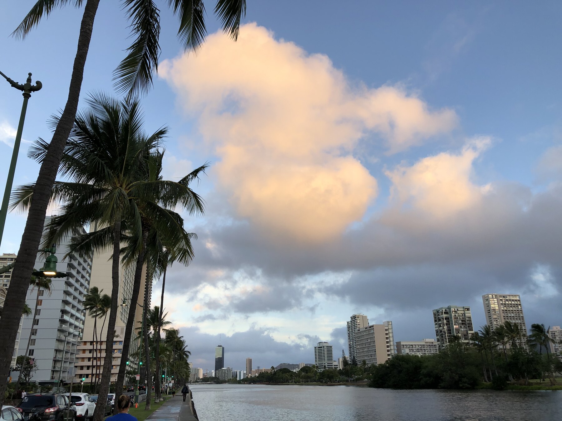 Soft sunrise light along the Ala Wai Canal beside Waikīkī