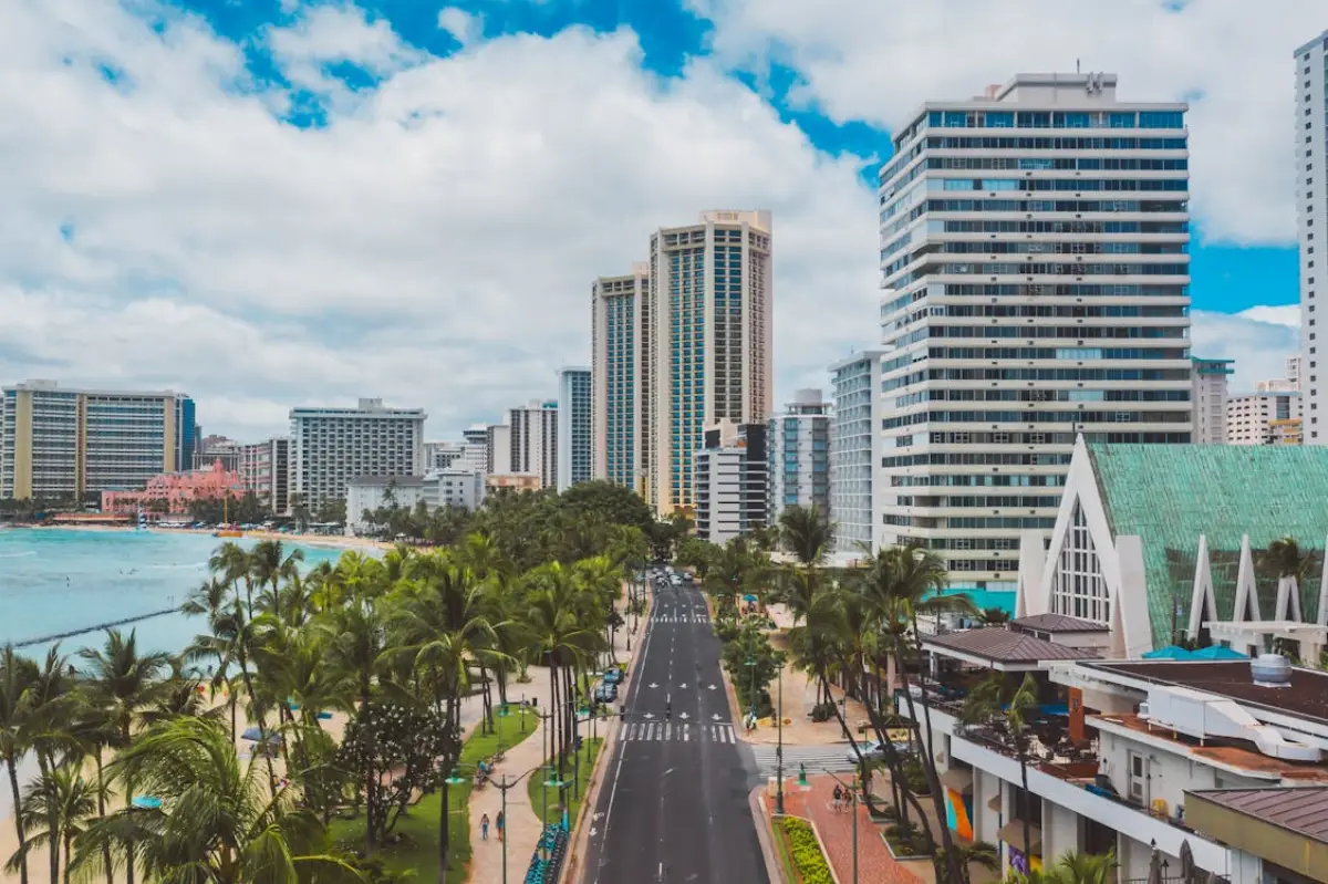 Kalākaua Avenue running beside Waikiki Beach and the resort district