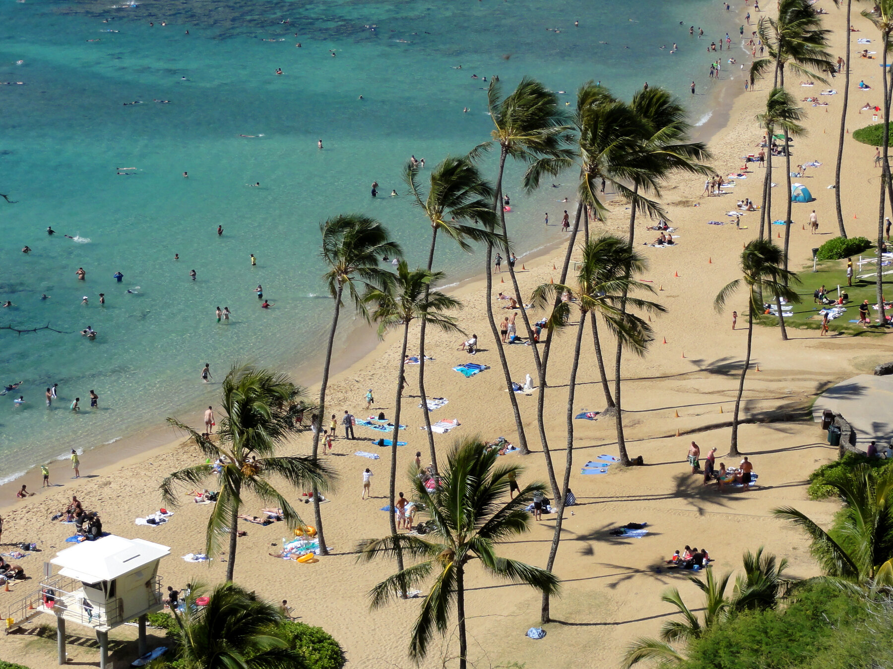 Hanauma Bay beach and shallow reef viewed from above