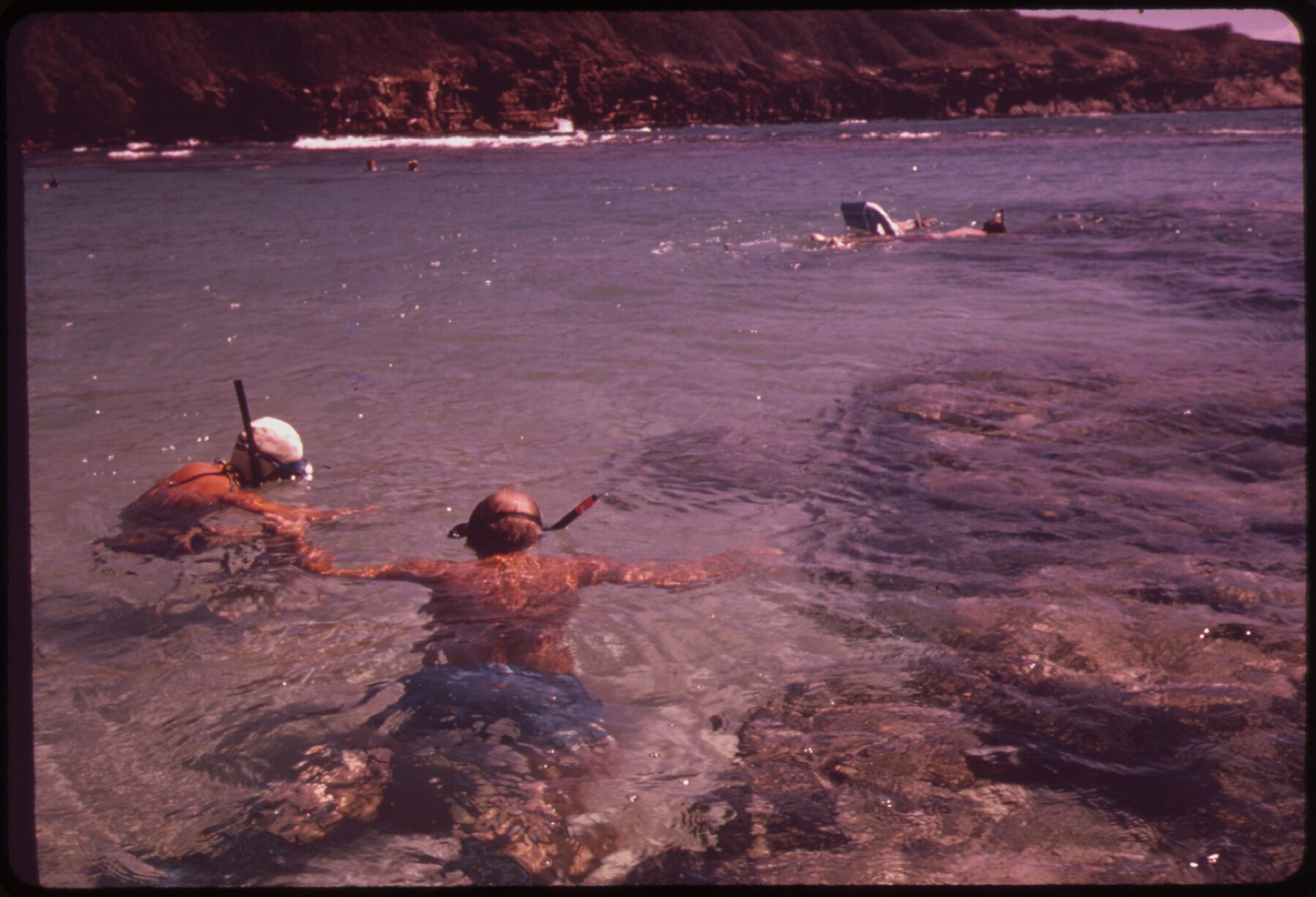 Historic view of snorkeling and beach activity at Hanauma Bay