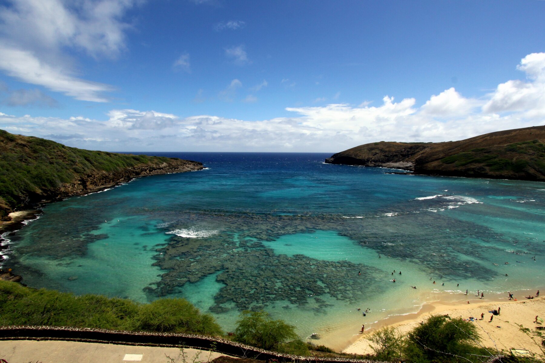 Wide overlook across Hanauma Bay and its volcanic rim