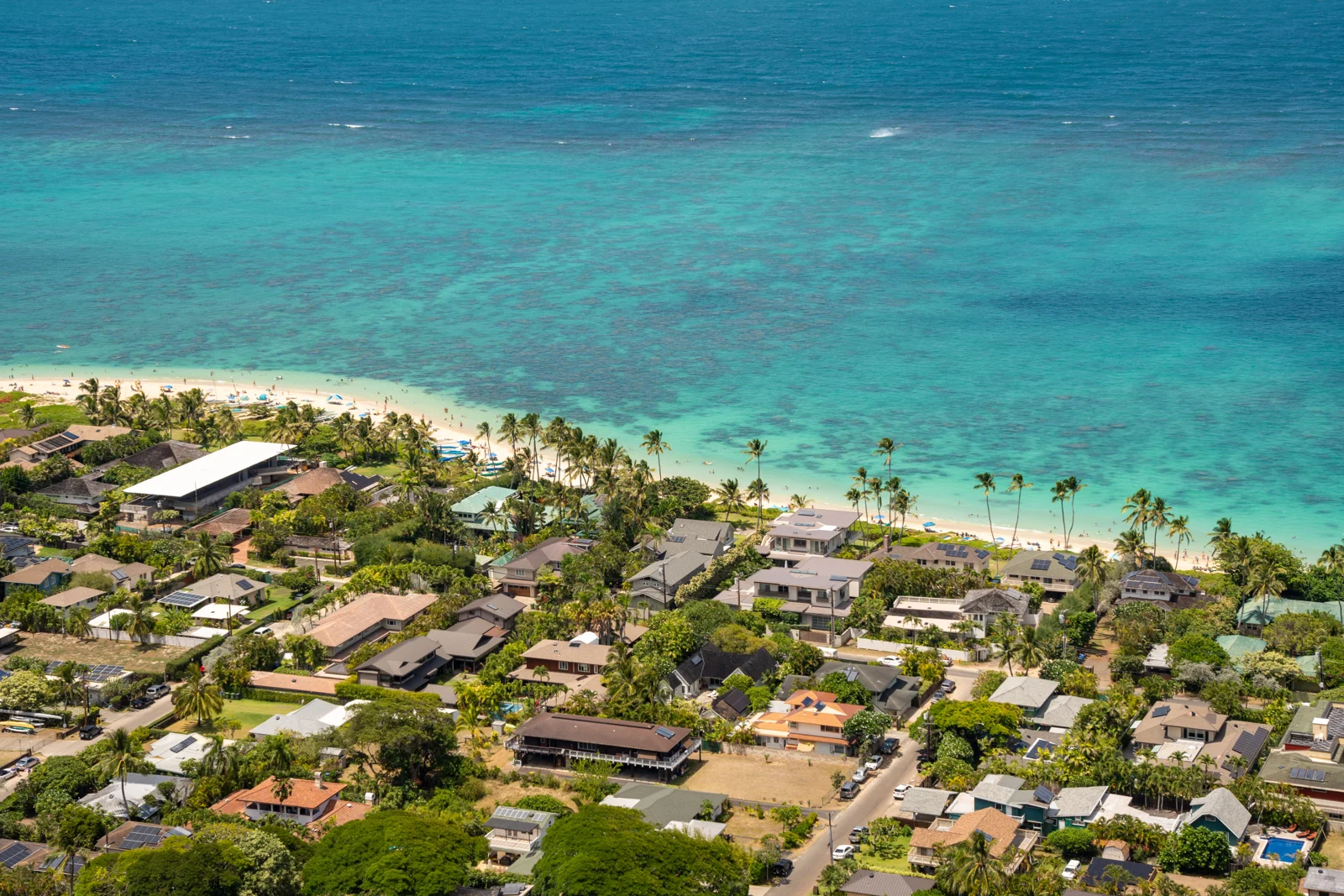 Elevated view of Lanikai Beach, its narrow shoreline and residential neighborhood