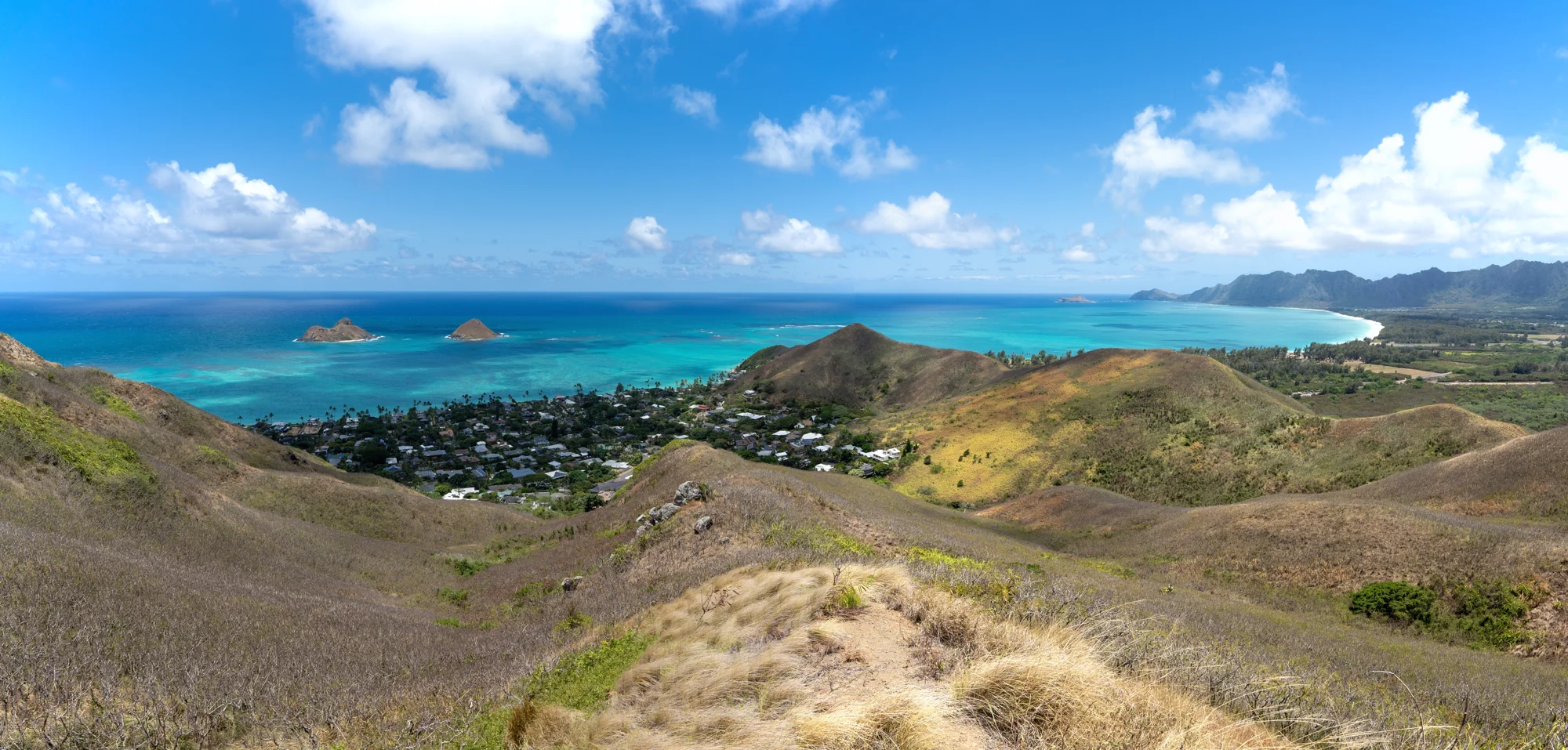 Mokulua islands and the windward coastline viewed from above Lanikai